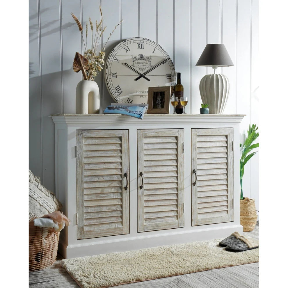 Catalina Mango Wood 3 Door Sideboard, Antique White