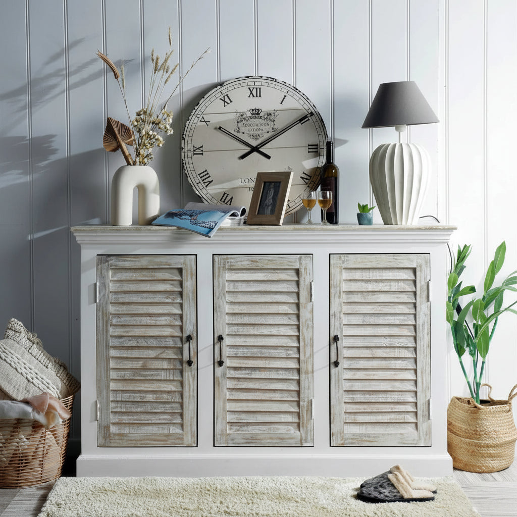 Catalina Mango Wood 3 Door Sideboard, Antique White